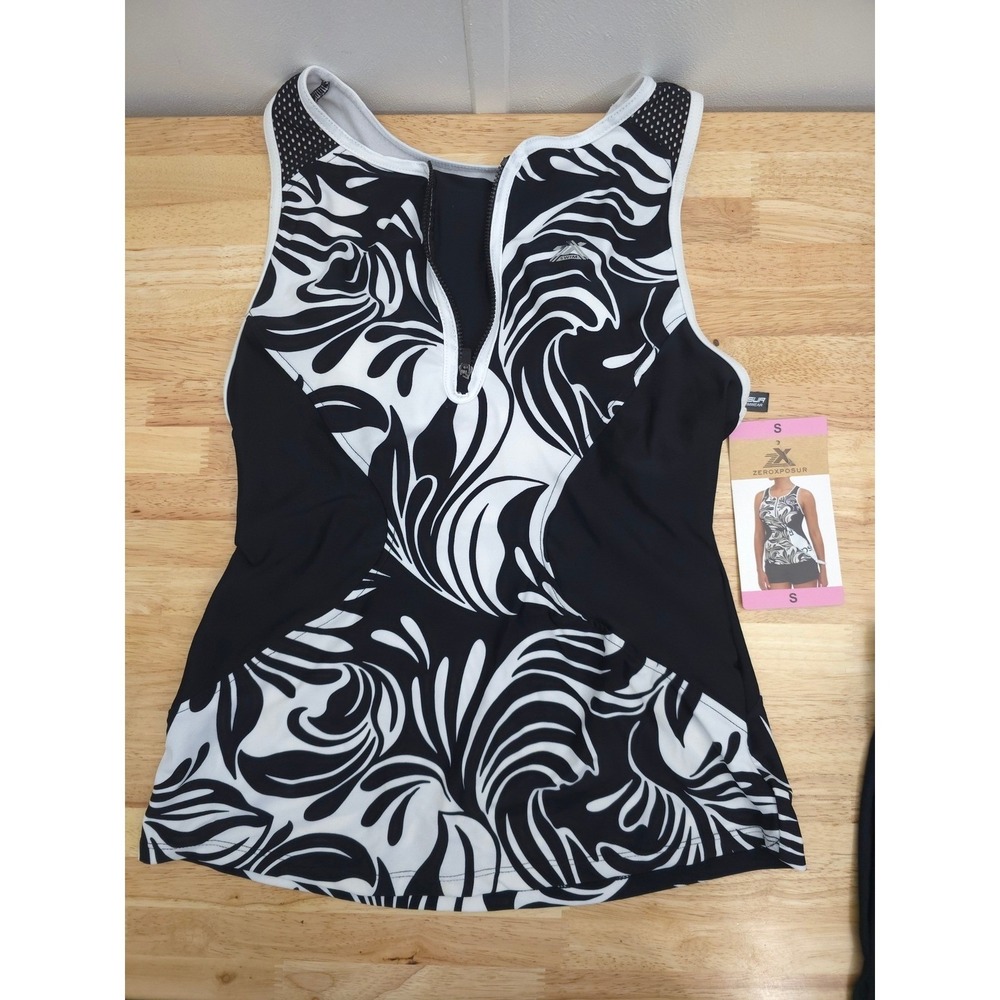 Black White Tropical Tankini Sz S Zip Front Swim Top Boyshort Bottoms Coconut - Picture 5 of 8